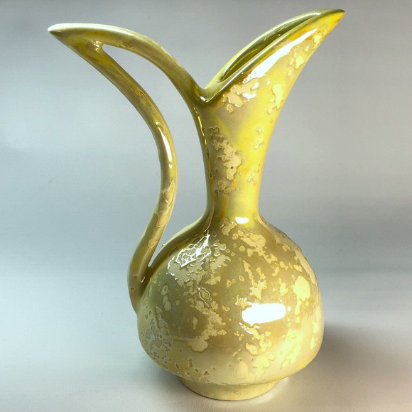 Unmarked Other - MCM Pottery Vase 7" Green Yellow Luster Weeping Drip Glaze Ewer 50s 60s Pitcher